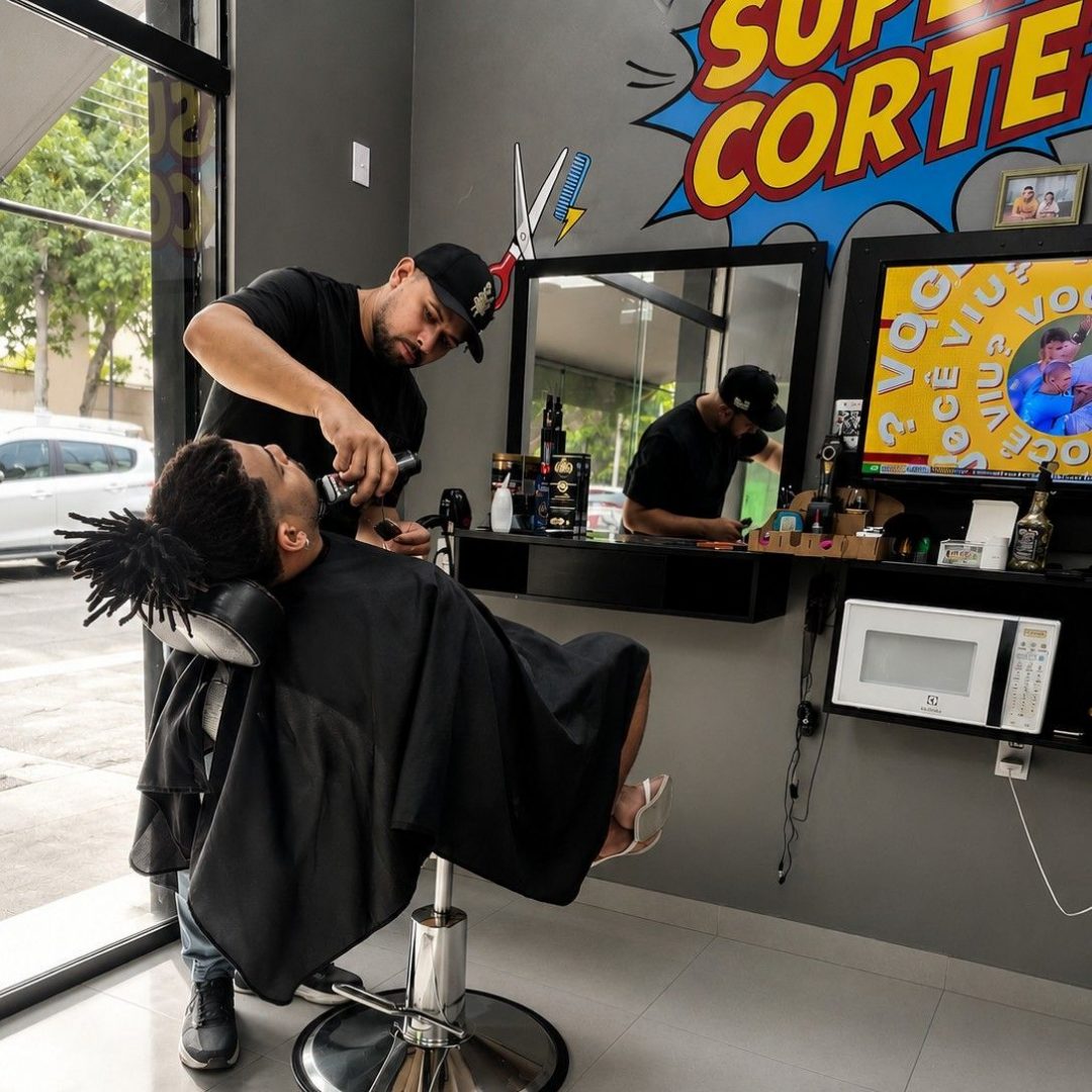 Aurelio finalizando o acabamento de um cliente na New Style Barber Shop, diante da parede Super Corte